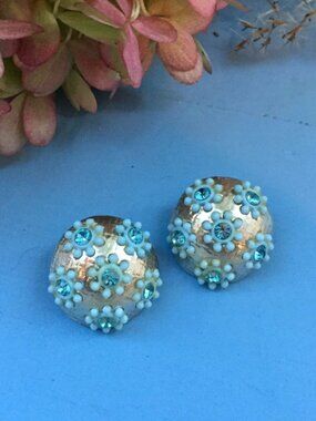 Vintage 1950s Floral Earrings, West German Earrings,  Blue Daisy Floral Clip-On